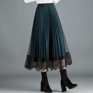 Kvinnor vintage långa spetsar tyllkjolar hösten ihålig ut svart vår veckad kjol plus storlek elastisk midja midi kjolar 210619