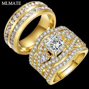 Alianças de Casamento Luxo Moda Casal Ele e Dela Masculino Aço Inoxidável Feminino Conjunto de Anel Banda Eternidade Princesa Infinito