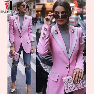 Modedesigner blazer kvinnor l￥ng￤rmad blommig foder rosknappar rosa yttre jacka