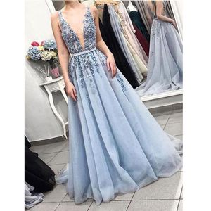Wholesale blue party gowns for sale - Group buy Deep V Neck Luxury Blue Long Evening Dress With Belt Vestido De Festa Sexy Backless Prom Party Gown For Women