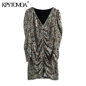 Kvinnor Chic Fashion Floral Print Velvet Pleated Mini Dress Vintage Långärmad Back Zipper Kvinna Klänningar Vestidos 210416