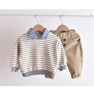 Kinder Pullover Set Herbst Mode Gestreifte Dünne Tops + Hosen Jungen Baby Frühling Und Kleidung 210625