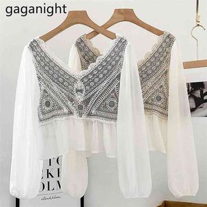 Sexy Lace Hollow Out Women Chiffon Blouse Long Sleeve V Neck OL Shirt Chic Korean Spring Autumn Blusas Patchwork Tops 210601