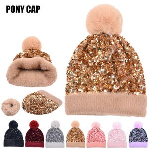 Sequins Stickade hattar Pompom Avtagbar Vinter Utomhus Beanie Varm Fashion Skull Caps Woolen Street Vindtät Stretch Crochet Ear Muff Headwear Bonnets B7780