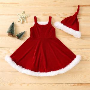 Dziewczyny Dresses Baby Girl Christmas Red Plush Flanel Velvet + Hat 18M-6Y Maluch Dzieci Dzieci Festiwal Kostium Suknia Bez Rękawów Suknia