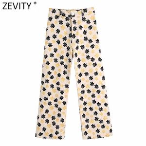 Zevity Women Vintage Floral Print Casual High Paist Szeroki Spodnie Nogi Retro Kobiet Chic Kolor Mecz Długość kostki Spodnie P1108 210802