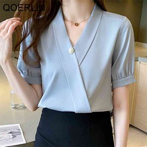 Chic Beaded Shirts Women Office Ladies Short Sleeve Satin Formal OL Blouse Plus Size Girl Sweet Pullover Top 210601