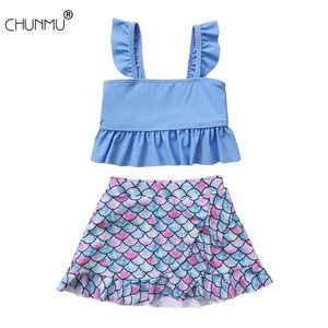 Toddler Kids Baby Girls Blue Swimwear Swimsuit Bathing Suit Beachwear Top and Swim Skirt Summer Children's 210508