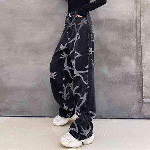 Jeans das mulheres Primavera Versão Coreana Ins Street Estilo Harajuku Calças de Calças Loose Reta Longa Larga Feminina Na moda Calças 210809