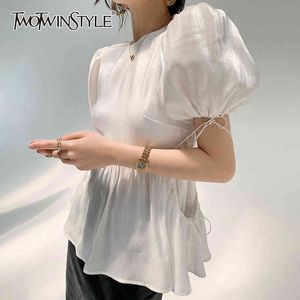 White Casual Shirt For Women O Neck Puff Short Sleeve Solid Pleated Blouses Female Summer Clothing Fashion 210524