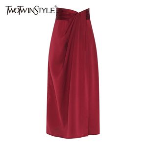 女性のための赤いミニマリストスカートハイウエストラッされたミディソリッドスカート女性ファッション衣料品春210521