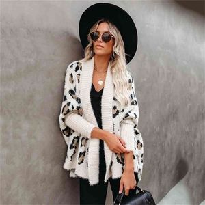 Fitshinling Fuzzy Leopard Long Cardigan Kvinna Bohemian Slim Batwing Sleeve Overized Sweaters Cardiagns För Kvinnor Vinterrock 210914