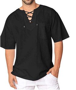 2021 camisetas para hombres verano de manga corta playa con cuello en v cordón con cordón de ropa de yoga polos de africano polos negros ropa de lino ropa ropa blanca