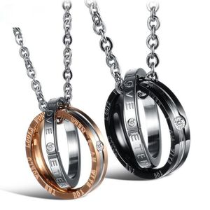 Nişan Yüzüğü Kolye toptan satış-Moda Çiftler Yüzükler Kolye Kadın Erkek Için Paslanmaz Çelik Band Yüzük Kolye Kolye Düğün Promise Nişan