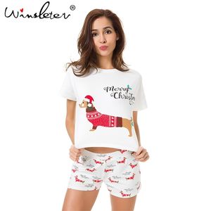 Christmas Pajama Sets Women Dachshund With Santa Hat Dog Print 2 Pieces Set Crop Top + Shorts Elastic Waist Loose pyjamas S7N001 210421