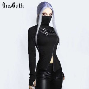 InsGoth Punk Leather Patchwork Black Tops Women Gothic Streetwear Sexy Doubt Zipper Turtleneck Long Sleeve Tops Autumn T-shirts X0628