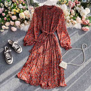 Höst Vestidos Floral Chiffon Lace Up Klänningar Elegant Chic Koreansk Långärmad A-Line Dress Women 18017 210415