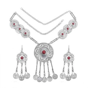 Gypsy Vintage Women Red Blue Stone Pendant Necklace Earring Sets Coin Tassel Statement Bohemian Tribal Party Jewelry Set H1022