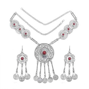 Gypsy Vintage Frauen Rot Blau Stein Anhänger Halskette Ohrring Sets Münze Quaste Aussage Bohemian Tribal Party Schmuck Set H1022