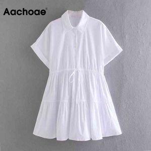 Summer White Shirt Batwing Short Sleeve Loose Casual Mini Pleated Drawdtring Dress Vestidos De Verano 210413