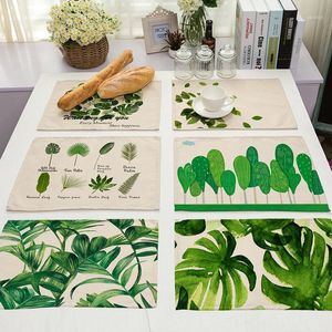 Mats & Pads 1Pcs Green Leaf Plants Pattern Kitchen Placemat Dining Individual Table Cotton Linen Pad Cup Mat 42*32cm Home Decor