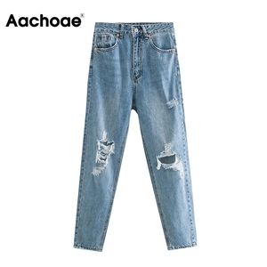 Aachoae Lady Retro Hole Strappato Blue Jeans Full Length Fashion Chic Pantaloni a matita Donna Baggy Mom Jeans per donna Pantalon Femme 210413
