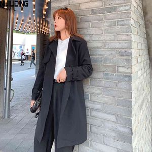 Autumn Women's Fashion Casual Trench Loose Coat Mid-length Jacket Streetwear Open Stitch Solid Long Sleeve Ladies 210514