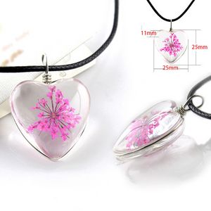 Fashion Natural Handmade Dried Flower Heart Shaped Glass Colore Four Leaf Clover Dandelion Charm Pendant Necklace for Women