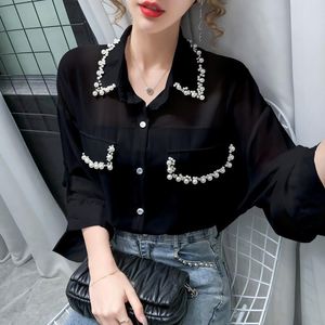 Blusas femininas camisas 2021 verão projeto coreano solto e fino vestuário casual mangas compridas beading stress-down camisa de colarinho top famale