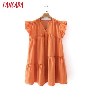 Summer Women Orange V Neck Ruffles Short Sleeve Ladies Mini Dress Vestidos 5X50 210416