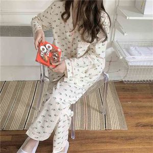 Manga Longa Sleeve Cereja Impressão Cereja Home Chic Confortável de Algodão Solto Moda Pijamas Ternos Sets 210525