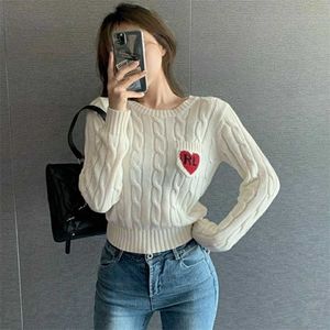 Kore Moda Jumper Kadın Marka Vintage Mektubu Kırmızı Kalp Desen Cep Uzun Kollu Örme Kazak Kazak Tops T530 211011