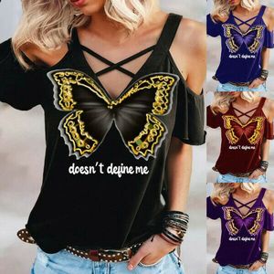 Women Summer Butterfly Print Strapless Casual V Neck Travel Tops Blouse T-Shirts on Sale