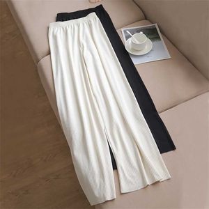 High Quality Wide-leg Women's Pants High Waist Full-lenth Loose White Black Pants Casual Long Ice Silk Pants Women Trousers 211008