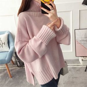 High Collar Warm Red Pink Knitted Sweater Women Tops Autumn Winter Loose 3 Color Knit Turtleneck Pullover Ladies Jumper Female 211011