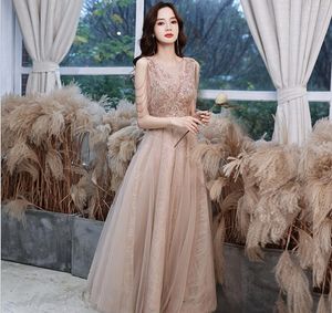 A Line Tulle Formal Beaded Evening Dress Model Pictures V Neck Long Women's Special Occasion Gowns