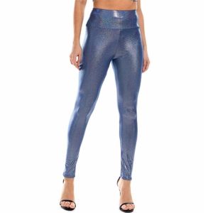 Kvinnor Glänsande metalliska holografiska leggingar Sexig hög midja Elastiska PU Läder Skinny Pants Ankel Long Gothic 211108