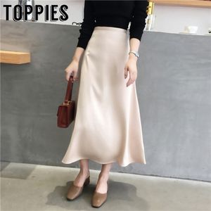 Satin Skirts Women Knee Length A Line High Waist Korean Streetwear faldas mujer moda BS001 210421