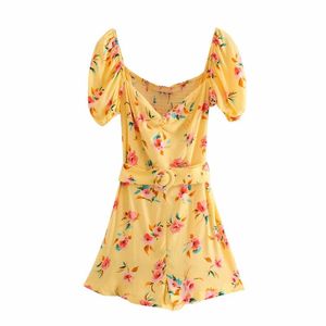 Chic Lady Yellow Za Floral Print Slim Lato Palysuit Kobiety Moda Krótki Rękaw Puff Rękaw Elastyczne Biust Jumpsuit Z Pasem 210421