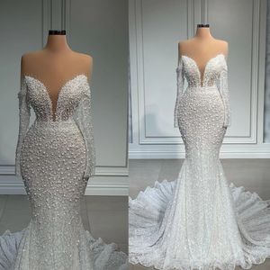 İnciler Ağır İllüzyon Denizkızı Gelinlik Afrikalı Kadınlar İçin 2022 Sheer Boncuklar Gelin Gown Tren Vintage Uzun Kollu Robe De Mariage