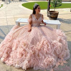 Princess Pink Ruffles Quinceanera Dresses V Neck Sparkly Beading Sweet 16 Dress Pageant Gowns vestidos de 15 años 2021