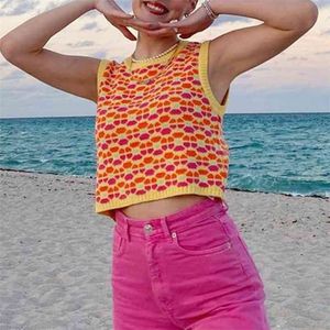 Цветочные напечатанные Y2K вязаные бак топы женщин повседневные летние Kawaii без рукавов винтаж 90-х годов свитер жилет ретро урожай тройник пляжная одежда 210510