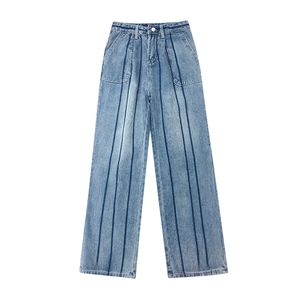 Kvinnor Ljusblå dragkedja Striped Denim Jeans Pocket High Street Wide Ben Byxor Längd Höst Vinter P0040 210514
