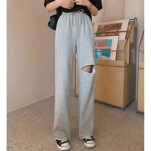 Shijia rasgado suor calça mulheres cintura alta elástica cinza preto furo de moletom feminino solto streetwear calças chique verão 210915