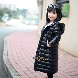 Feminino Down Parkas Girls' novo ins estendido na altura do joelho com capuz médio e grande jaqueta branca infantil