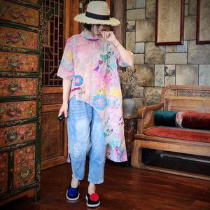 Johnature Sommer Ramie Shirts Chinesischen Stil Blusen Frauen Top Mandarin Kragen Druck Rosa Lose Leinen Asymmetrie Hemd 210521