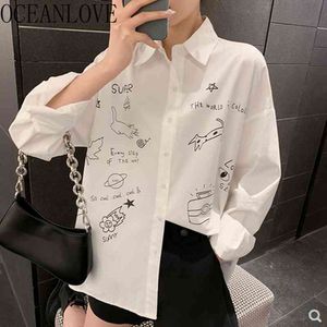 Women Tops Spring Korean Fashion All Match Camisas Mujer Loose Long Sleeve Cartoon Graffiti Print White Shirt Blouse 210415