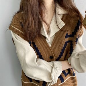 Early Outono Geométrico Retro Retro Colete Feminino Oversize Base Match V Neck Único Cardigan Mulheres Para Moda 210520