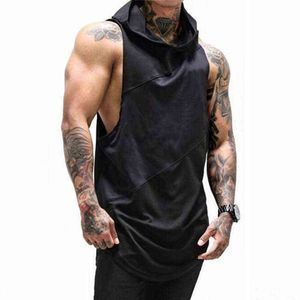 Varumärkeskläder Bodybuilding Muscle Guys Fitness Mens Gym Hooded Tank Top Vest Stringer Sportwear Cotton Sleeveless Shirt Hoodie 211120