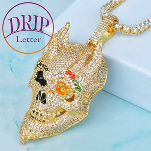 Skull Men's Pendant Flower Eye Gold Color Cubic Zirconia Hip Hop Plated Necklace Rock Jewelry X0707